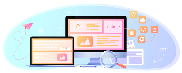 Concept web design, website page development. The working process. Template landing page for website. Web development, optimization, user experience. Website layout elements, photo, data transfer.