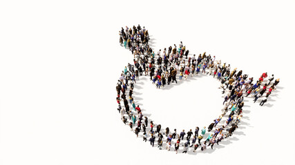 Concept conceptual large community of people forming the wheel chair sign. 3d illustration metaphor for rehabilitation, assistance, accessibility, mobility, safety and help