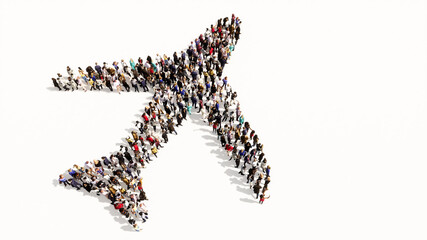 Concept conceptual large community of people forming the airplane sign. 3d illustration metaphor for modern, fast, comfortable and  secure transportation, holiday and business © high_resolution