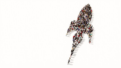 Concept conceptual large community of people forming the sign of a rocket. 3d illustration metaphor for innovation, fantasy, space travel, exploration, technology and progress