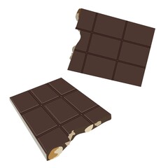 Broken bar of chocolate in different angles. Vector stock illustration isolated on white background.