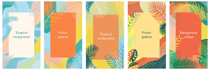 Abstract summer background with tropical palm leaves. Texture in blue and orange, jungle, beach theme. Set of backgrounds for posts, social network, flyer, card, sale Vertical template, place for text