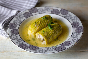 Traditional delicious Turkish food; Stuffed zucchini (Turkish name; terbiyeli kabak dolmasi)