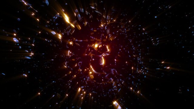 Abstract background cgi animation shiny fiery debris scattering in space 