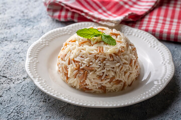 Traditional delicious Turkish food; Turkish style rice pilaf (Turkish name; Arpa sehriyeli pirinc pilavi)