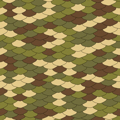 Seamless pattern. Realistic imitation of scales of fish. Green khaki camouflage scales with black lines background. Animal print.
