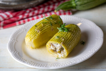 Traditional delicious Turkish food; Stuffed zucchini (Turkish name; terbiyeli kabak dolmasi)