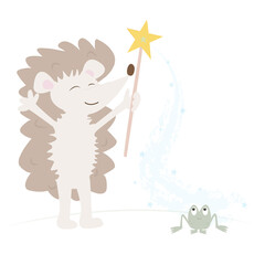 Children's print. A hedgehog with a magic wand