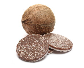 Milk chocolate rice cakes with coconut isolated on white background