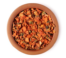 Dried and chopped carrot pieces pile isolated on white background, top view