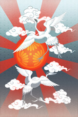Abstract Art Japanese Flying Cranes with the Clouds with Red Gradient Sun with Radiant Behind on Metal Gradient Background with Stain Vector Graphics Design Illustration Template