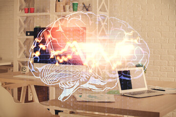 Multi exposure of brain drawing and office interior background. Concept of data technology.