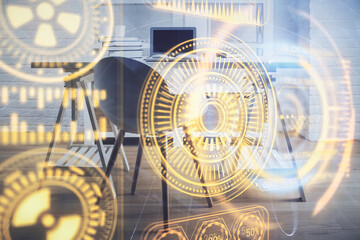 Fototapeta premium Double exposure of tech theme drawings and office interior background. Technology concept.