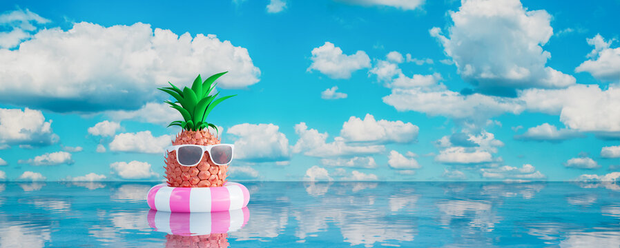 Pineapple with sunglasses in lifebuoy on blue sea. Summer holiday concept 3d render 3d illustration