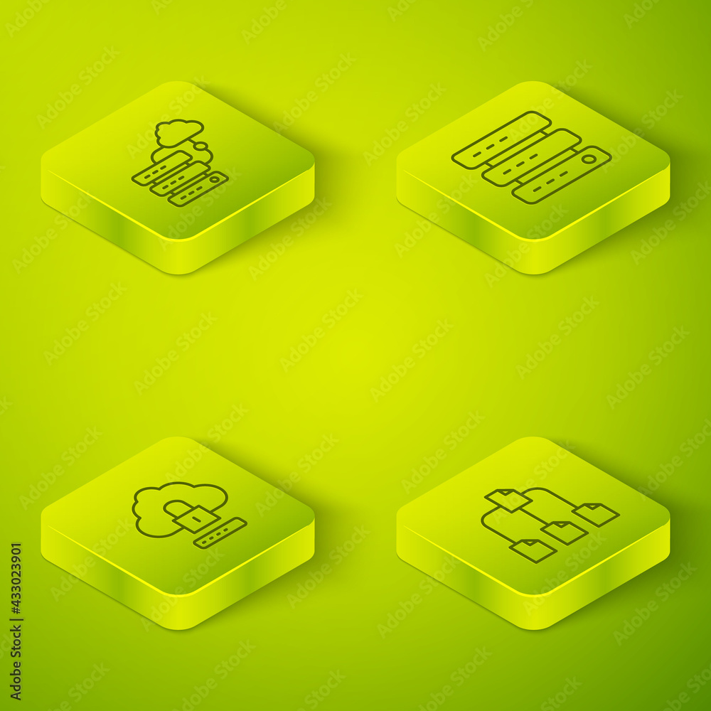 Poster set isometric line server, data, web hosting, cloud computing lock, folder tree and network cloud co