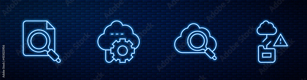 Poster set line search cloud computing, concept with folder, cloud technology data transfer and . glowing n