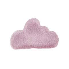 Watercolor illustration of a lilac fluffy cloud on a white background. A single textured illustration in pastel color of a cute cloud for kids textiles, print, postcards.