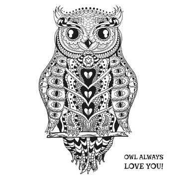 Owl. Hand drawn owl with abstract patterns on isolation background. Design Zentangle. Design for spiritual relaxation for adults. Black and white illustration for coloring. Zen art. Print for t-shirts