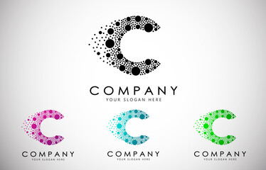 C Letter Logo set with Dispersion Effect and Dots, Bubbles, Circles. O Dotted letter in black, purple, blue and green gradient vector illustration.