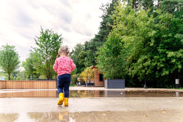Fototapeta na wymiar a little girl in a pink sweater and rubber boots walks through the park through large puddles, back view