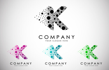 K Letter Logo set with Dispersion Effect and Dots, Bubbles, Circles. O Dotted letter in black, purple, blue and green gradient vector illustration.