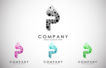 P Letter Logo set with Dispersion Effect and Dots, Bubbles, Circles. O Dotted letter in black, purple, blue and green gradient vector illustration.