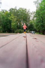 Fototapeta premium little girl walking on a wooden path in the park after the rain, copy space. Shallow depth of field