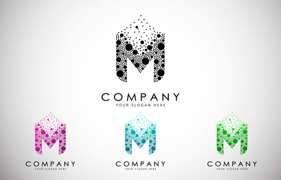 M Letter Logo set with Dispersion Effect and Dots, Bubbles, Circles. O Dotted letter in black, purple, blue and green gradient vector illustration.
