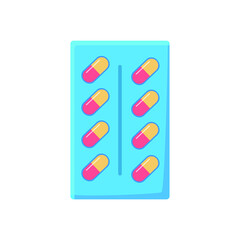 Blister, packing of oval and round tablets, capsules of different colors.
Medicine and healthcare concept. Vector illustration. Isolated over white background. Cartoon style