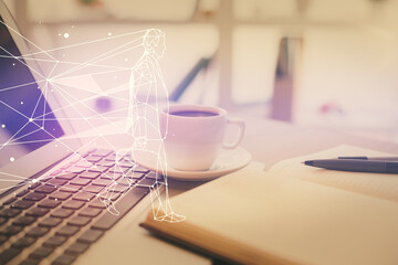 Double exposure of creative drawing and desktop with coffee and items on table background. Concept...