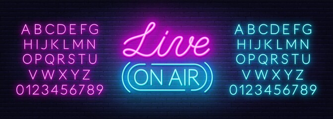 Live on air neon sign on a brick wall background.
