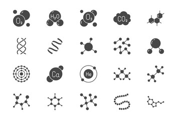 Molecule flat glyph icons. Vector illustration included icon amino acid, peptide, hormone, protein, collagen, ozone, O2 chemical formula silhouette pictogram for chemistry - obrazy, fototapety, plakaty