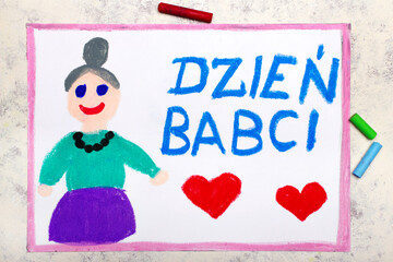Colorful drawing: Polish Grandmother's  Day card with happy Granny