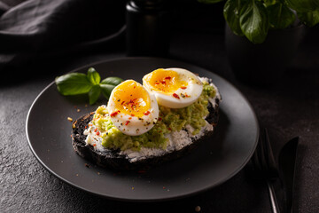 Breakfast with avocado toast with eggs on a plate
