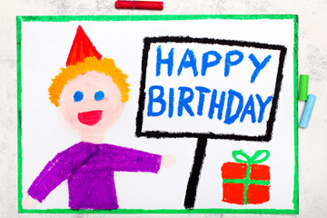 Obraz na płótnie Canvas Colorful drawing: Happy Birthday card. Smiling birthday boy with gift