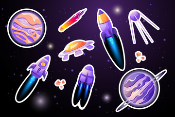 Naklejka premium Set of planet and rocket stickers. Childish Space and rocket cartoon background for school and kindergarten. Vector flat illustration