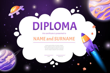 Space diploma certificate with rockets and planets for school and preschool kids and children in kindergarten or primary grades diploma certificate. Vector cartoon flat illustration in game style