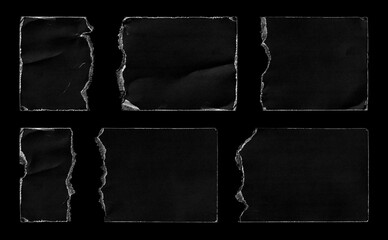 Set of Black Torn Ripped Paper Pieces Edges Cards isolated on Black Background. Cardboard Overlay Texture.  - 433025923