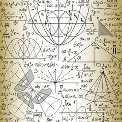 Mathematical manunuscripts and technical drawings on the old paper, scientific vector seamless pattern 