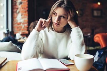 Concentrated female student doing homework in cafeteria