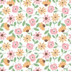 hand drawn vector seamless pattern with flat flowers