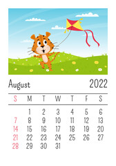 Design template for the calendar for 2022, August. Cute cartoon tiger runs with a kite in the field. Summer landscape. The symbol of the year. Animal character. Color vector illustration for kids.