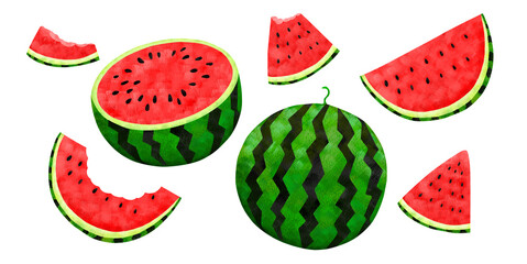 丸い、半分、食べかけのスイカのイラスト