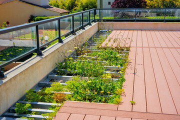 Obraz premium Abandoned construction of a wooden terrace on a balcony with wild plants. A new wooden, timber deck being constructed