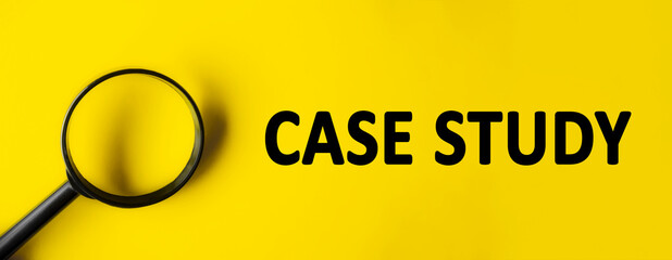 Text CASE STUDY written over yellow background. Magnifying glass on yellow background. Minimal we are hiring background, job vacancy, business concept.
