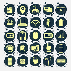 technology icon with 3d glasses, mobile network, computer, battery, wifi router, CPU, mouse