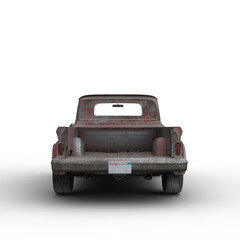 Rear view 3D rendering ofl an old rusty vintage red pickup truck isolated on white. - obrazy, fototapety, plakaty