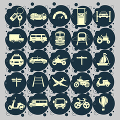 transport icon set with car, bus, plane, ship, motorcycle, taxi car