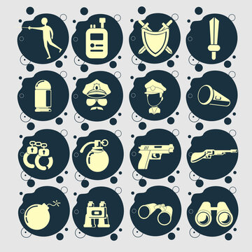weapon icon set with Police, pistol, gun. binoculars. shield, bomb, hand grenade, handcuffs