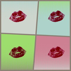 Pop art lips. Colorful texture with gentle kisses